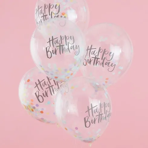 Ballon transparent med konfetti og Happy Birthday