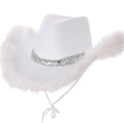 Cowboyhat i hvid med fjerkant og pailletter