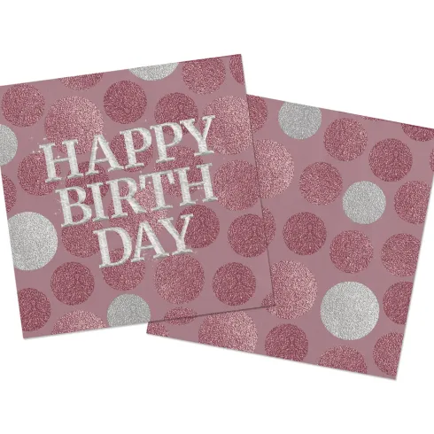 Happy birthday servietter - Lyserød og sølv