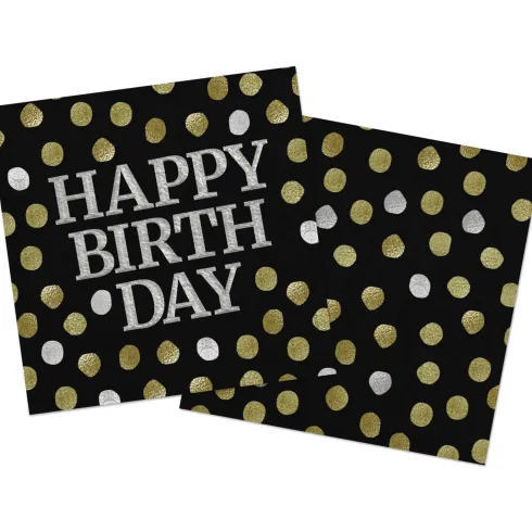 happy birthday servietter - sort/guld/sølv
